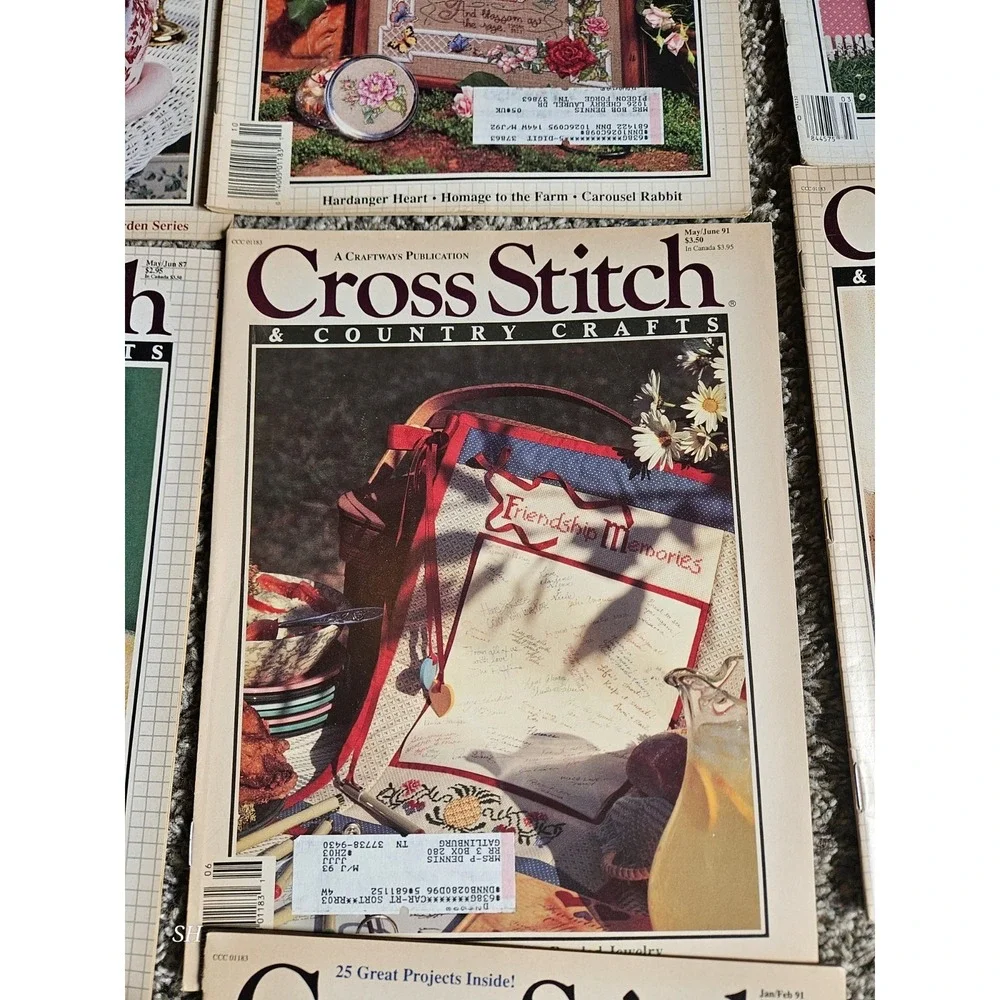 Lot of 7 Cross Stitch & Country Crafts Magazines 1986-1991 Vintage Patterns